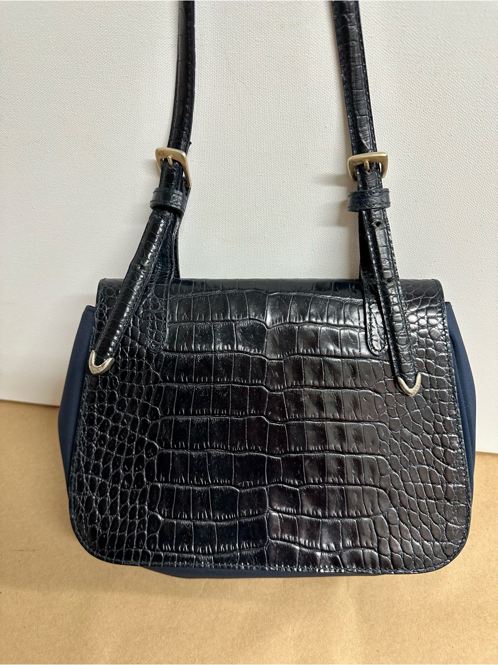 Croc-Embossed Navy Shoulder Bag